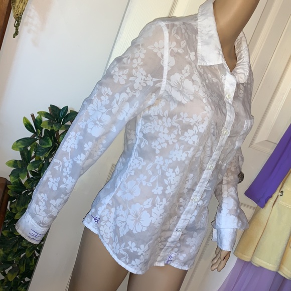 Vintage West Beach sheer white hibiscus flower button down shirt blouse top M - Picture 6 of 15